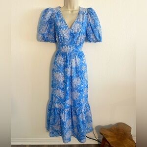 Lilly Pulitzer Maxi Dress NWT Ezralyn Puff Sleeve Boca‎ Blue Floral Sz 4 Cotton